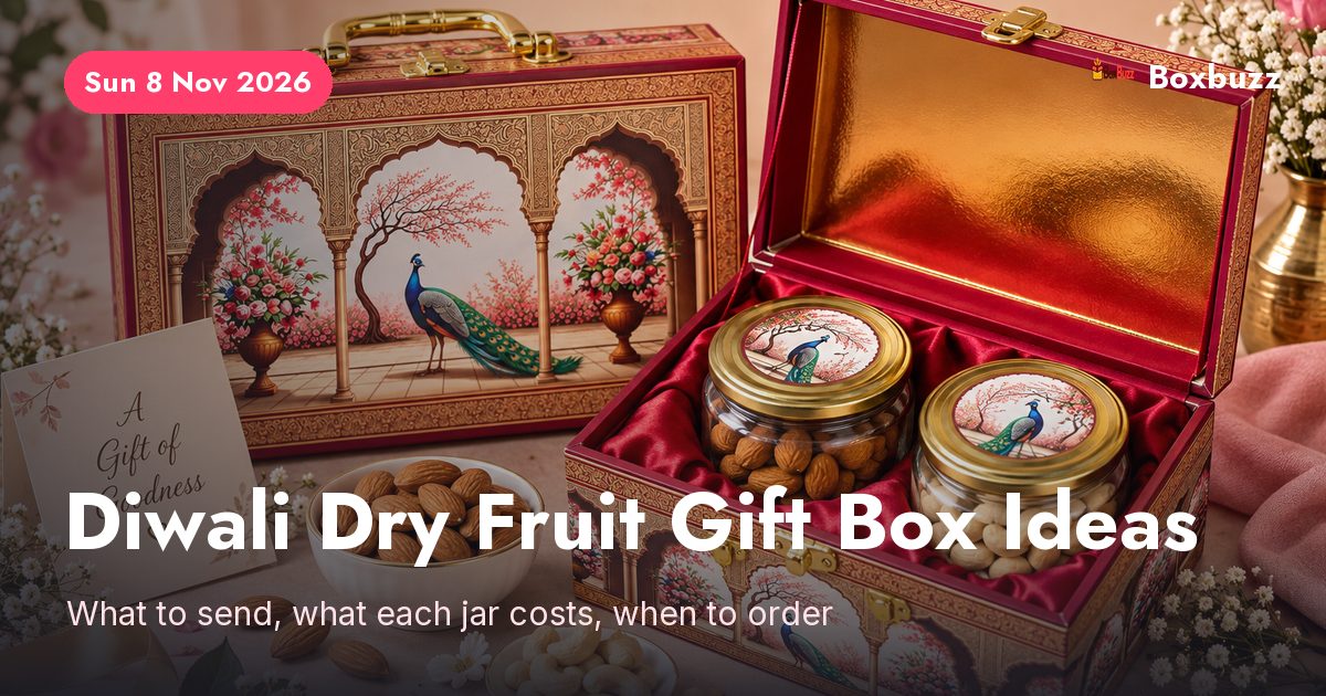 A Boxbuzz two-jar dry fruit gift box with glass jars of almonds and cashews