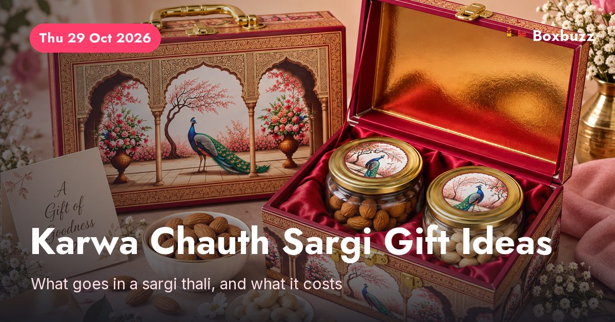 A Boxbuzz two-jar dry fruit gift box of almonds and raisins for a Karwa Chauth sargi