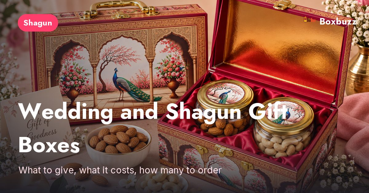 A Boxbuzz two-jar dry fruit gift box of almonds and pista as a wedding shagun gift